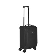 Load image into Gallery viewer, Angled front view of the black softside suitcase with the telescopic handle partly pulled up. 
