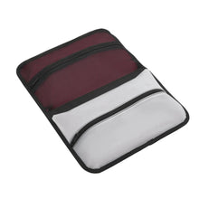 Load image into Gallery viewer, Opened view of the burgundy organizer case. Both sides have a zipper-closing pocket.
