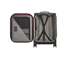 Load image into Gallery viewer, Interior view of the suitcase. The lid features a zipper-closing pocket, and the  main compartment a set of straps to secure contents in place. 
