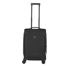 Load image into Gallery viewer, Front panel view of the suitcase with the telescopic handle extended.
