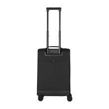 Load image into Gallery viewer, Back panel view of the black soft side suitcase with the telescopic handle extended. 
