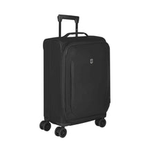Load image into Gallery viewer, Angled front view of the black soft side suitcase with the telescopic handle partly extended 
