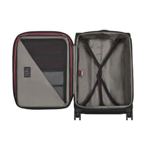 Load image into Gallery viewer, Interior view of the suitcase showing the zipper-closing compartments on the lid, and the compression straps on the main compartment to secure contents. 
