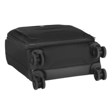Load image into Gallery viewer, The suitcase laid on its back, showing the bottom panel and wheels. 
