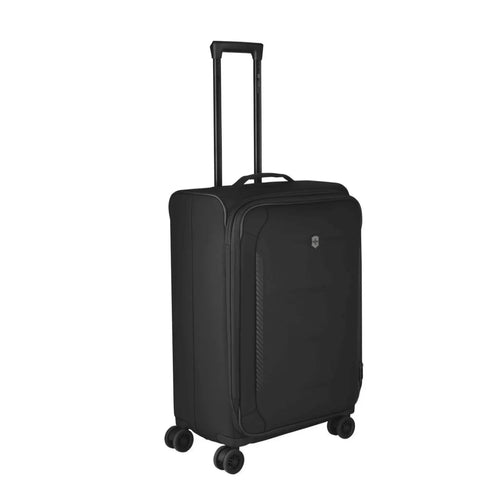Angled front view of the soft sided black suitcase with the telescopic handle extended. 