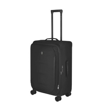 Load image into Gallery viewer, Right facing, angled front view of the soft side suitcase. The telescopic handle is extended.
