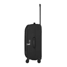 Load image into Gallery viewer, Side panel view of the soft side suitcase with the telescopic handle extended. 

