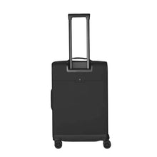 Load image into Gallery viewer, Back panel view of the soft side suitcase. The telescopic handle is extended.
