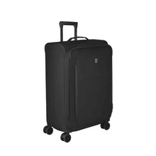 Load image into Gallery viewer, Angled front panel view of the soft side suitcase. The telescopic handle is partly extended. 
