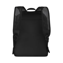 Load image into Gallery viewer, Back panel view of the black backpack. The shoulder straps are adjustable. 
