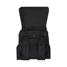 Load image into Gallery viewer, The black backpack shown partly folded into a small size for easy storage.

