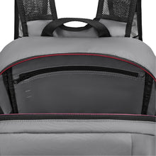 Load image into Gallery viewer, Interior view showing the full length zipper on the back interior panel. A webbed nylon handle grip centered on top back panel is visible.

