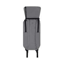 Load image into Gallery viewer, The frost grey backpack shown folded into itself for easy storage. 
