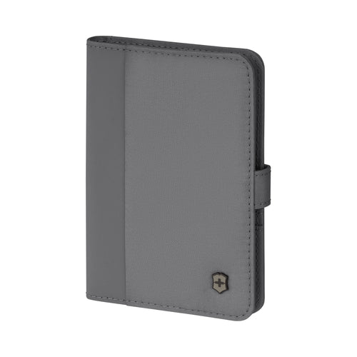 Angled front view of the frost gray passport holder. 