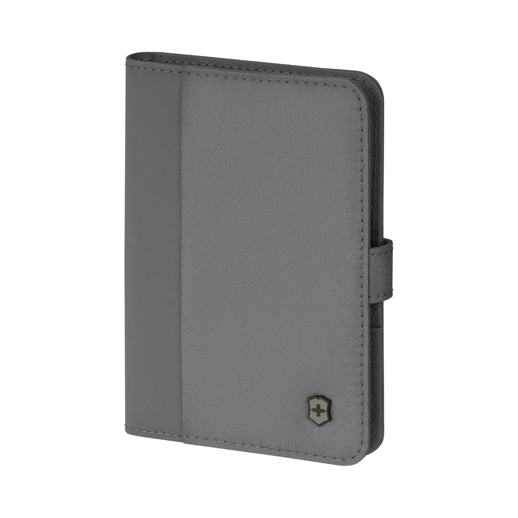 Angled front view of the frost gray passport holder. 