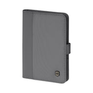 Angled front view of the frost gray passport holder. 