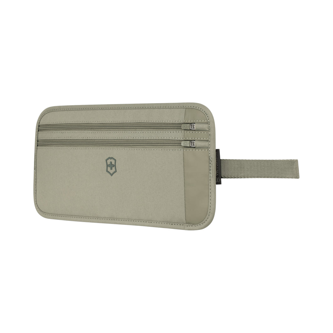 Front Angled View of the beige security belt pack. 