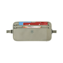 Load image into Gallery viewer, Front Panel View of the beige belt pack with the two zippered pockets holding three cards and currency. 

