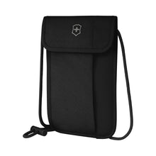 Load image into Gallery viewer, Front angled view of the black neck pouch. 
