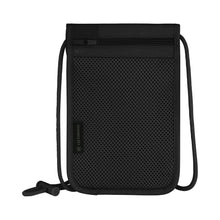 Load image into Gallery viewer, Back Panel view of the black pouch. It features mesh backing and a zippered accessory pocket.
