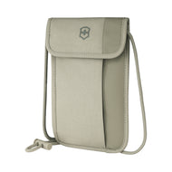Angled front view of the Sand Beige Neck Pouch.  The strap length is adjustable. 
