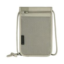 Load image into Gallery viewer, Back Panel View of the sand beige pouch. It has a mesh backing, and zippered accessory pocket.
