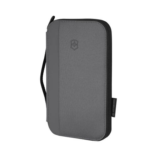 Front angled view of the frost gray travel organizer. 