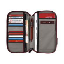 Load image into Gallery viewer, Interior View of the frost  gray travel organizer with multiple card slots, boarding pass slot, passport holder, pen holder, and currency holder

Height:  10.2&quot;
Length:  1.2&quot;
Width:    5.9&quot;
Weight:  0.4 lbs. 
