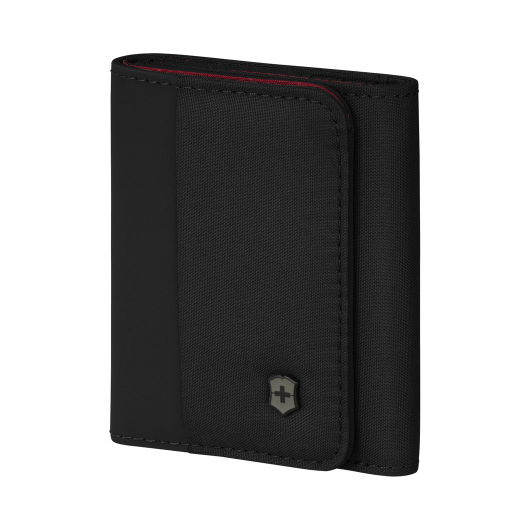 Angled front view of the tri-fold wallet. 