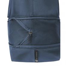 Load image into Gallery viewer, Close up to the side-panel showing the unzipped expandable feature on the blue duffle bag. 
