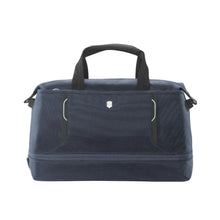 Load image into Gallery viewer, Back panel view of the blue duffle bag. 
