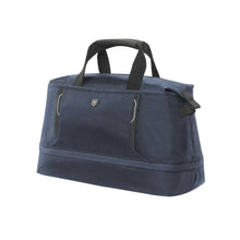 Load image into Gallery viewer, Front angled view of the blue duffle bag. 
