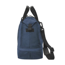 Load image into Gallery viewer, Side panel view of the blue duffle bag. 
