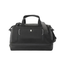 Load image into Gallery viewer, Front panel view of the black duffle bag with the shoulder strap hanging from the right side. 
