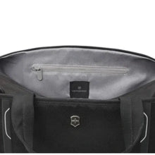 Load image into Gallery viewer, Interior view of the black duffle bag. The back panel&#39;s side has a zipper-closing pocket.
