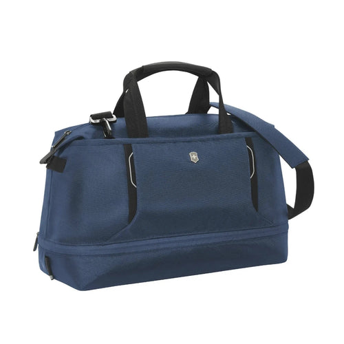 Front angled view of the blue duffle bag. 