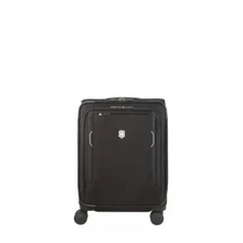 Load image into Gallery viewer, Front panel view of the black soft sided suitcase with the telescoping handle fully retracted.
