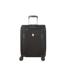 Load image into Gallery viewer, Front panel view of the black soft side suitcase with the telescopic handle partly pulled up.
