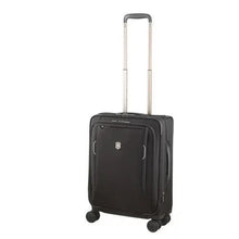 Load image into Gallery viewer, Angled front view of the black soft sided suitcase. The telescopic handle is fully extended. 
