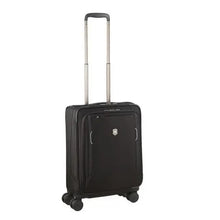 Load image into Gallery viewer, Angled front view of the black soft sided suitcase with the telescoping handle extended.
