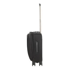 Load image into Gallery viewer, Right panel view of the black soft sided suitcase. The expandable feature is partially unzipped and a grab handle is shown on the side. 
