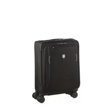 Load image into Gallery viewer, Angled front view of the black soft side suitcase with the telescoping handle fully retracted.

