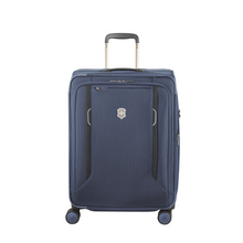 Load image into Gallery viewer, Front panel view of the blue soft-side suitcase with the telescopic handle partly up. 
