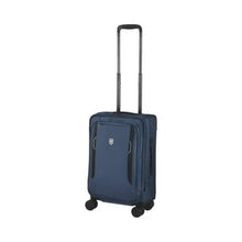Load image into Gallery viewer, Angled front view of the blue soft side suitcase. The telescopic handle is extended. 
