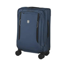 Load image into Gallery viewer, Angled front view of the blue soft side suitcase. 
