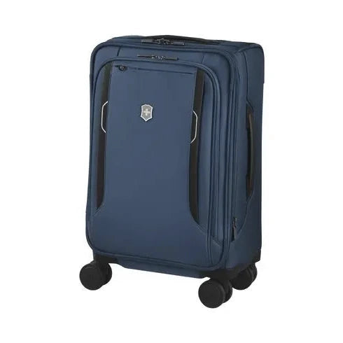 Angled front view of the blue soft side suitcase. 