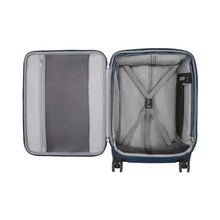 Load image into Gallery viewer, Interior view of the suitcase. The closing flap has a zipper-closing pocket. The main compartment has a set of straps to hold contents in place. 
