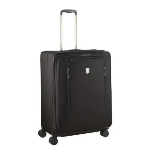 Angled front view of the black soft side suitcase. The telescopic handle is extended. 