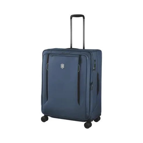 Angled front view of the blue soft side suitcase. The telescopic handle is extended. 