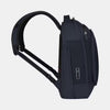 Side panel view of the navy blue backpack with the shoulder straps extended and the expandable feature unzipped..